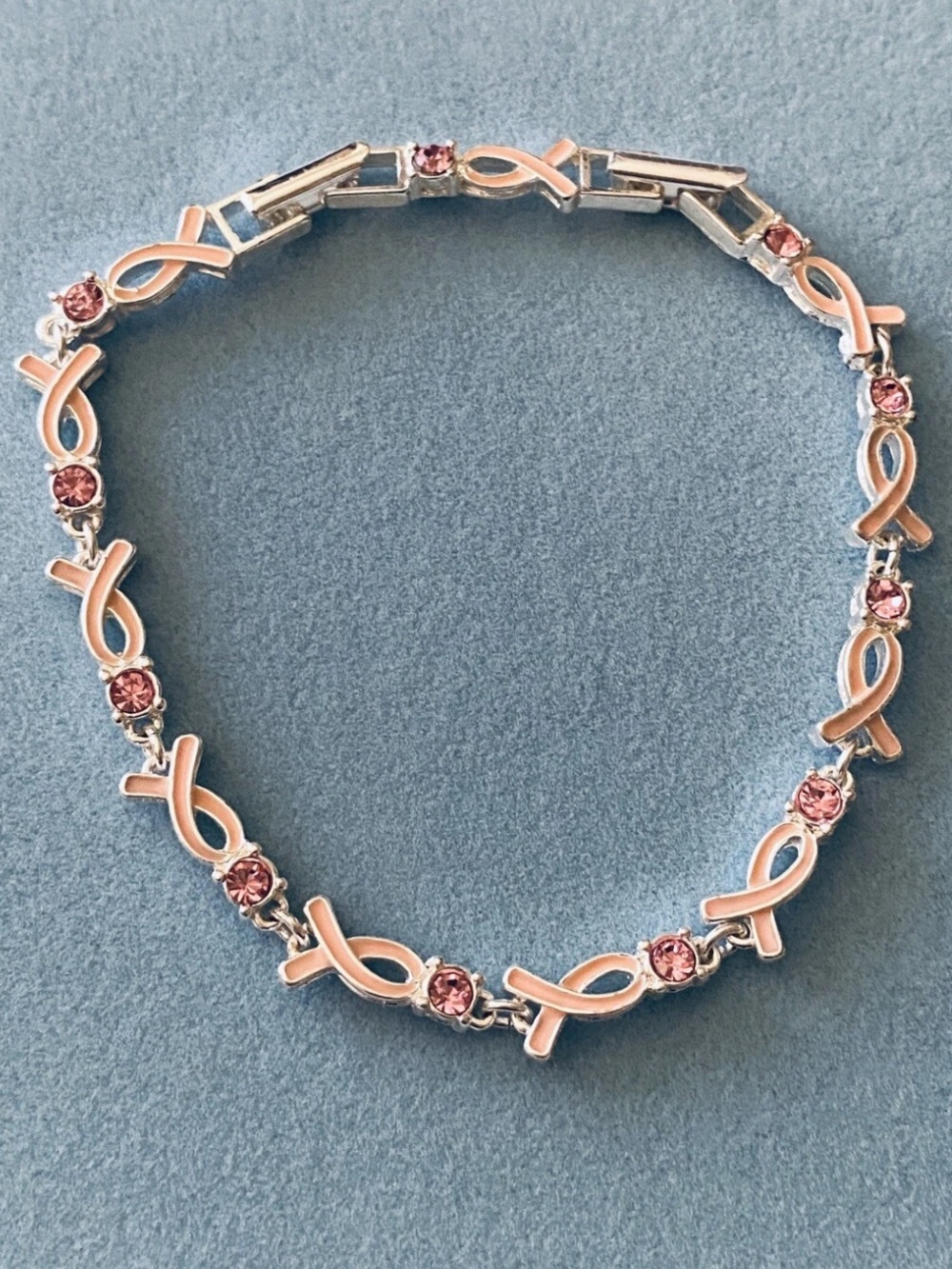 Vintage AVON Enamel Rhinestone Silver Breast Cancer Ribbon Link Bracelet 8.5"
